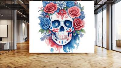  graphic of a catrina skull in the colors of the American flag on a white background Wall mural