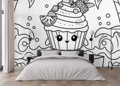  summer coloring page for children kawaii cupcakes on tropical beach Wall mural