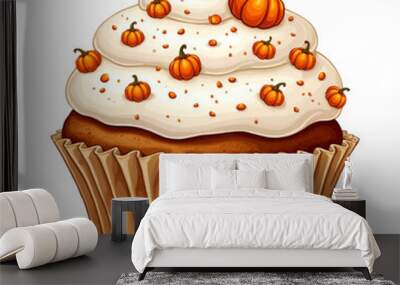 A cupcake with creamy white frosting is adorned with small pumpkin Wall mural