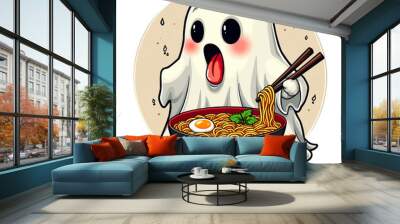 A cute ghost eats spicy ramen Wall mural