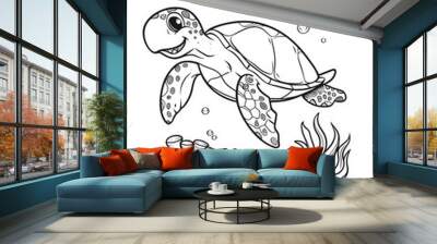 cute coloring book for kids sea turtle swimming in water Wall mural