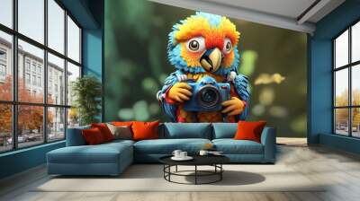 cute little colorful parrot photographer on green background Wall mural