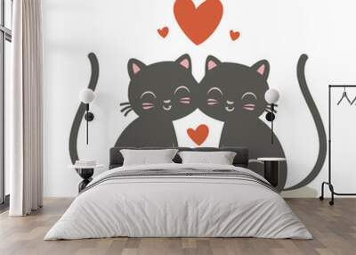 graphics of two  cats in love hugging each other and red hearts Wall mural