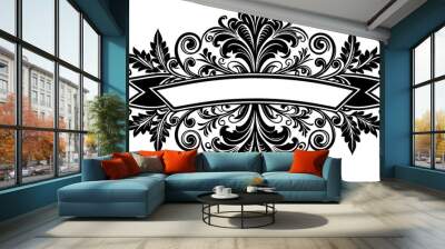 Intricate black floral patterns surround an empty oval shape in the center Wall mural