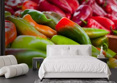 Red, orange and green pointed sweet peppers for sale in the fram shop local market. Wall mural