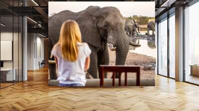 A girl gets up close and personal with an African elephant at the Nehimba Safari Lodge in Hwange National Park, Zimbabwe Africa Wall mural