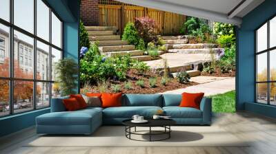 Huge natural stone slab flagstone steps create beautiful landscaping and a transition to a hidden garden in this front yard no grass urban garden. Wall mural