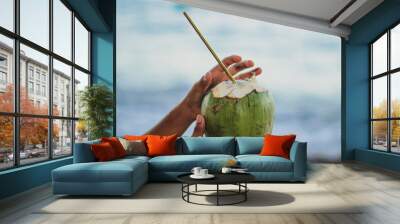 hands holding green coconut with an eco friendly metal golden straw Wall mural