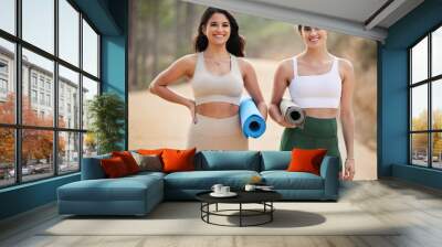 Fitness, portrait or women friends in nature for yoga exercise to start workout or body training. Healthy athlete girls smile, relaxed or happy people ready for outdoor exercising together with mat Wall mural