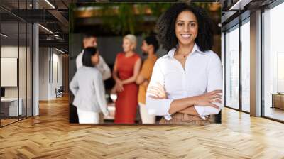 Portrait, business and smile of black woman with arms crossed and pride for career or job. Boss, professional mindset and happy, proud and confident female entrepreneur from South Africa in office. Wall mural