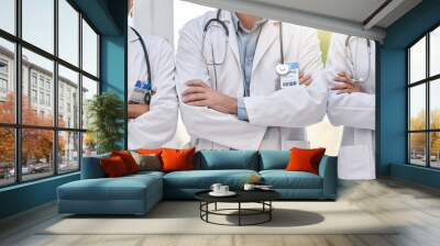 Team of doctors, healthcare collaboration and support with motivation, medical professional group and innovation. Health, teamwork and surgeon people with arms crossed in hospital, help and trust Wall mural