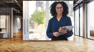 Portrait, checklist and business woman in office happy, smile and confident with positive mindset. Leader, face and female corporate employee with clipboard for management, schedule and agenda Wall mural