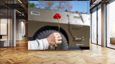 25 of April, celebration of 50 Years, Portugal freedom day. Revolution of the Carnations 1974. Person holding red clove flower Wall mural