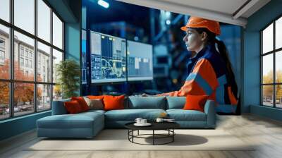 A female engineer in a protective suit operates a computer that controls production in the factory. Wall mural