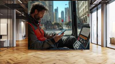 A focused delivery driver in casual attire checks his device while parked on a bustling city street in broad daylight, surrounded by tall buildings Wall mural