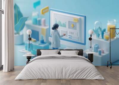 A person standing in front of a computer screen, engaging with a medical chat login page in isometric style graphics. Wall mural