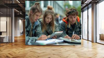 A photo of a couple of students sitting on the street, engrossed in their studies as they look at a book together. Wall mural