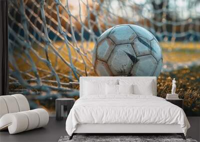 A soccer ball nestled in the net of a goal during a late afternoon match on a well-maintained field Wall mural