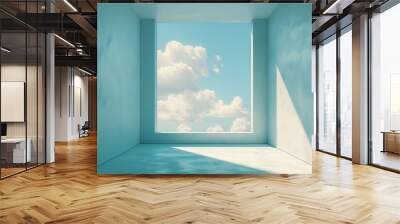 A tranquil interior space with a large window framing the bright blue sky and fluffy clouds under soft sunlight during midday Wall mural