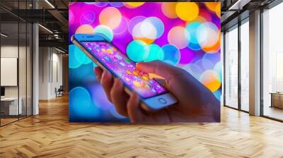 A woman holds a smartphone in her hand while exploring vibrant colors and patterns during a colorful evening in an urban setting Wall mural