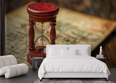 Antique wooden hourglass resting on an old parchment map showcasing intricate details and historical elements Wall mural