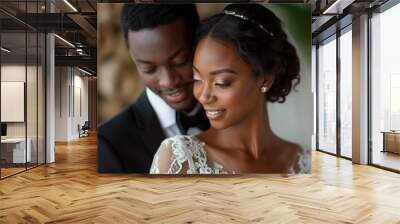 Attractive newly married couple, African-American, with very elegant wedding clothes, the husband hugs her tenderly. Wall mural