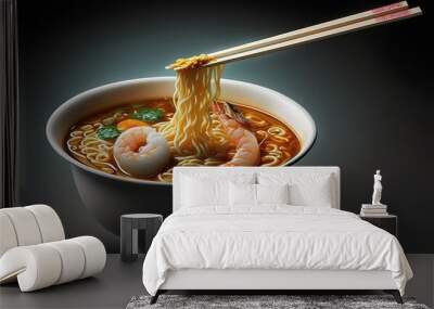 Bowl with delicious and hot Asian noodle and prawn soup. Ai generated. Wall mural