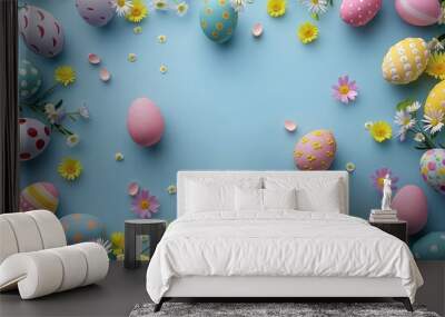 Bright and cheerful Easter decoration featuring colorful eggs and flowers on a soft blue background celebrating springtime joy Wall mural