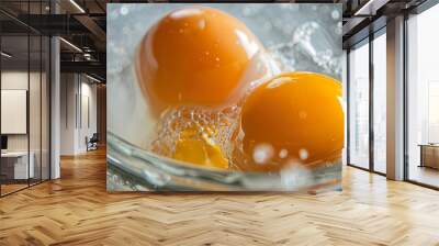 Close-up of two raw eggs floating in a glass bowl of water. Wall mural