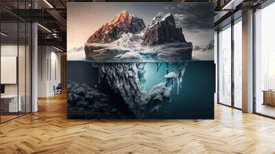 Drawing of a floating mountain on an iceberg, dream allegory. Ai generated. Wall mural