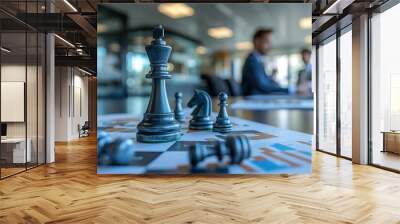 Executives engage in strategic discussions, using chess pieces to symbolize business tactics in a contemporary office environment. Wall mural