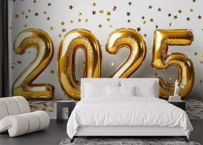 Gold numbers representing the year 2025 with stars on a white background for New Year celebrations Wall mural