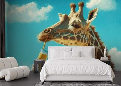 Illustration of a funny thirsty giraffe drinking a soda through a straw, humor in nature. Ai generated. Wall mural