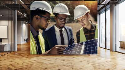 Men in hard hats work together to construct a solar energy plant, harnessing the suns power and creating renewable electricity for industry.. Ai generated Wall mural