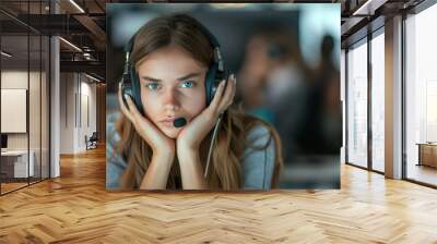 Stressed young woman wearing a headset in a modern office environment surrounded by coworkers and looking overwhelmed Wall mural