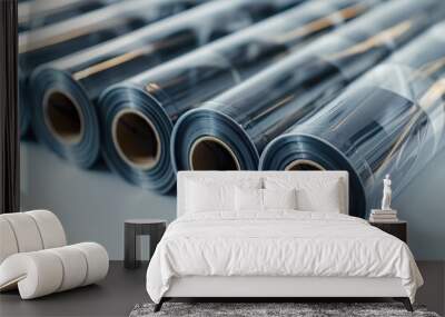 Transparent stretch wrap film rolls neatly arranged on a white surface for packaging and protection needs Wall mural