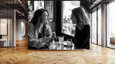 Two women engrossed in conversation, sharing stories and connecting with each other at a table. Wall mural