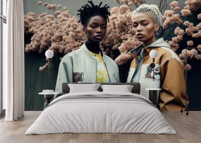 Two young black women posing in modern clothes with the seriousness of models. Ai generated. Wall mural