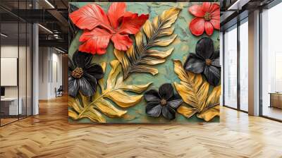 Vibrant close-up of lush tropical foliage and flowers in rich colors Wall mural