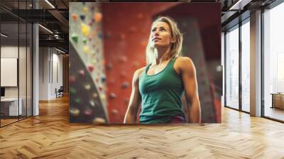 Young and beautiful sports woman, with a strong body, in an indoor climbing gym. Wall mural