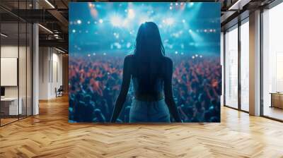 Young singer, successful and with her back turned, in front of a crowd during a concert. Wall mural