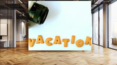 Top view of alphabet shaped biscuits, spelling the word VACATION with a camera on light blue  table, free space for text and design   Wall mural