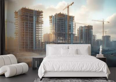 a 3d rendering of a building under construction with cranes and other construction equipment, fully built buildings, construction site, construction yard, complex 3d render. Wall mural