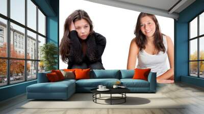 Two portraits of the same young brunette woman, right photo: cheerful and happy, left photo: sad and depressed Wall mural