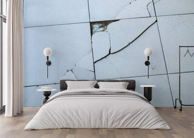 Close-up photo of light gray tile with large diagonal cracks and chips. Wall mural