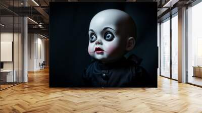 Creepy bisque doll with dark makeup and mysterious aura for horror themes Wall mural