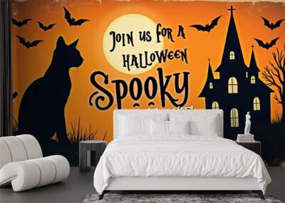 Halloween invitation with black cat and haunted house Wall mural