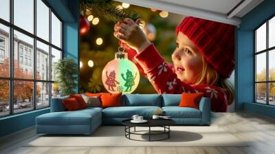 Little girl decorating a Christmas tree with a festive ornament Wall mural