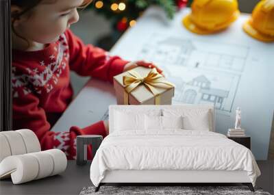 Little girl holding a Christmas gift with architectural drawings Wall mural