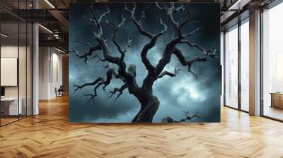 Twisted leafless tree under dark stormy sky. Wall mural